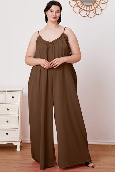 Full Size Ruffle Trim Tie Back Cami Jumpsuit with Pockets - AllIn Computer
