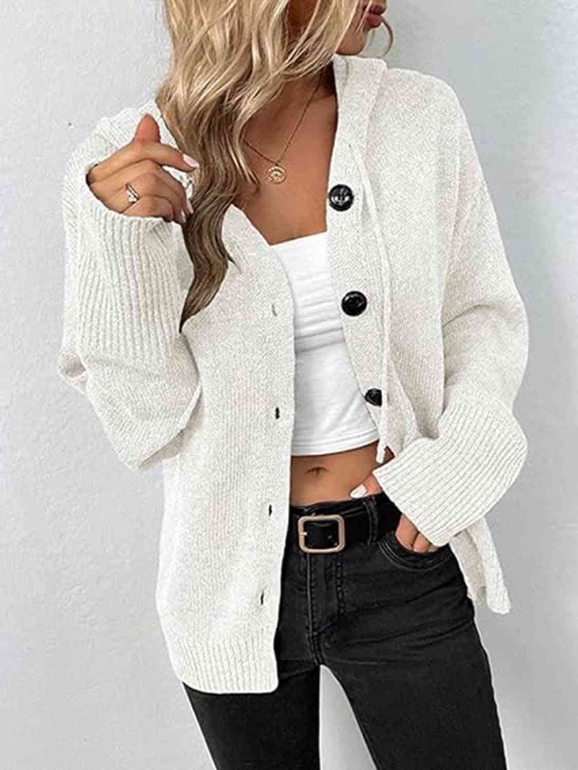Button Up Drawstring Long Sleeve Hooded Cardigan - AllIn Computer