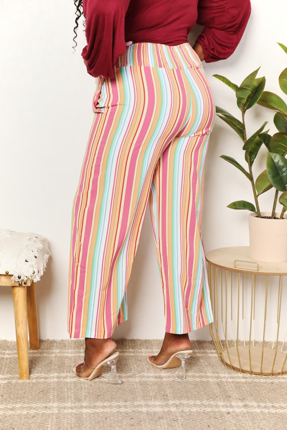 Double Take Striped Smocked Waist Pants with Pockets - AllIn Computer