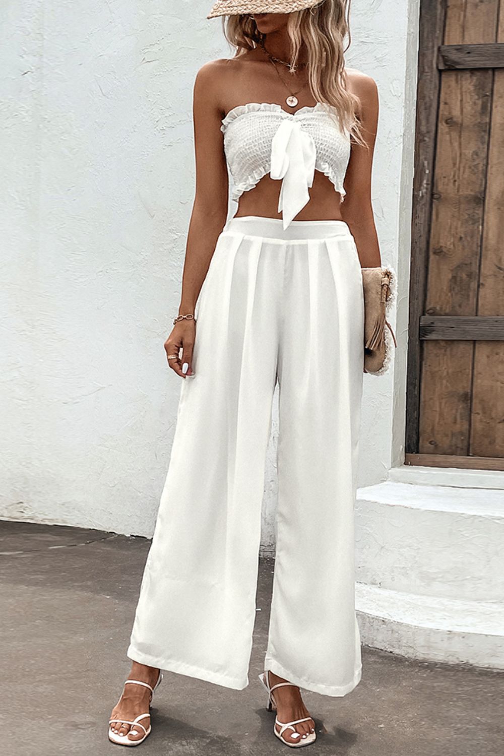Smocked Tube Top and Wide Leg Pants Set - AllIn Computer