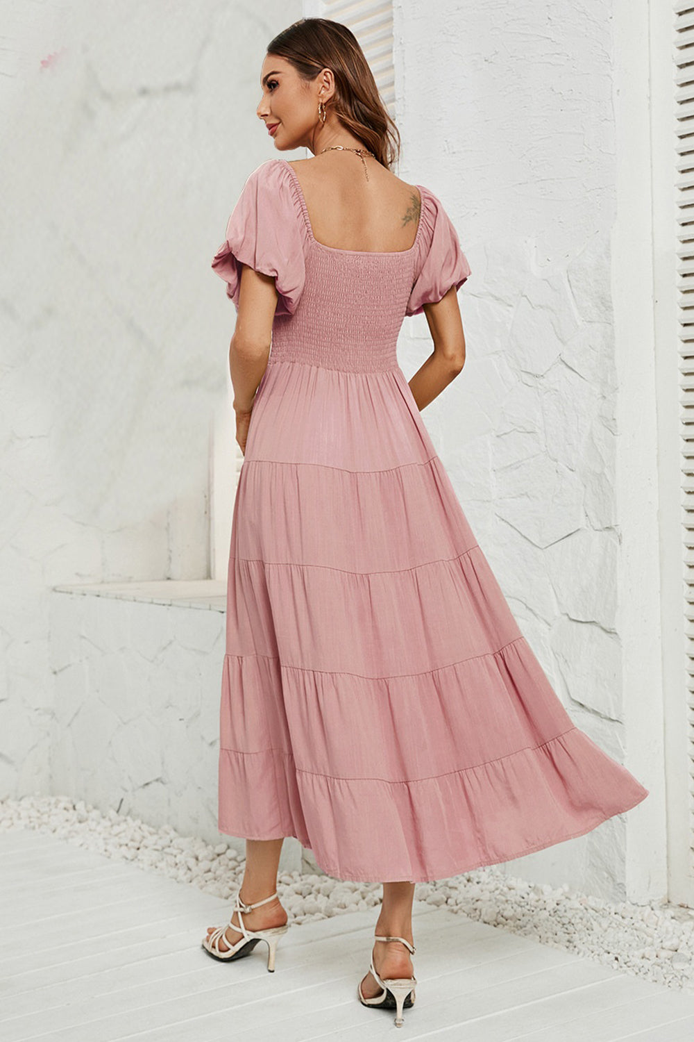 Smocked Square Neck Puff Sleeve Dress - AllIn Computer