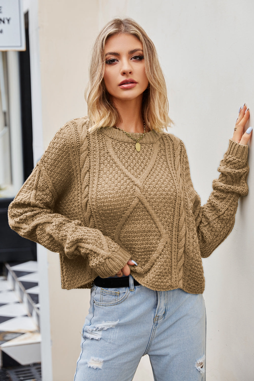 Cable-Knit Round Neck Dropped Shoulder Sweater - AllIn Computer