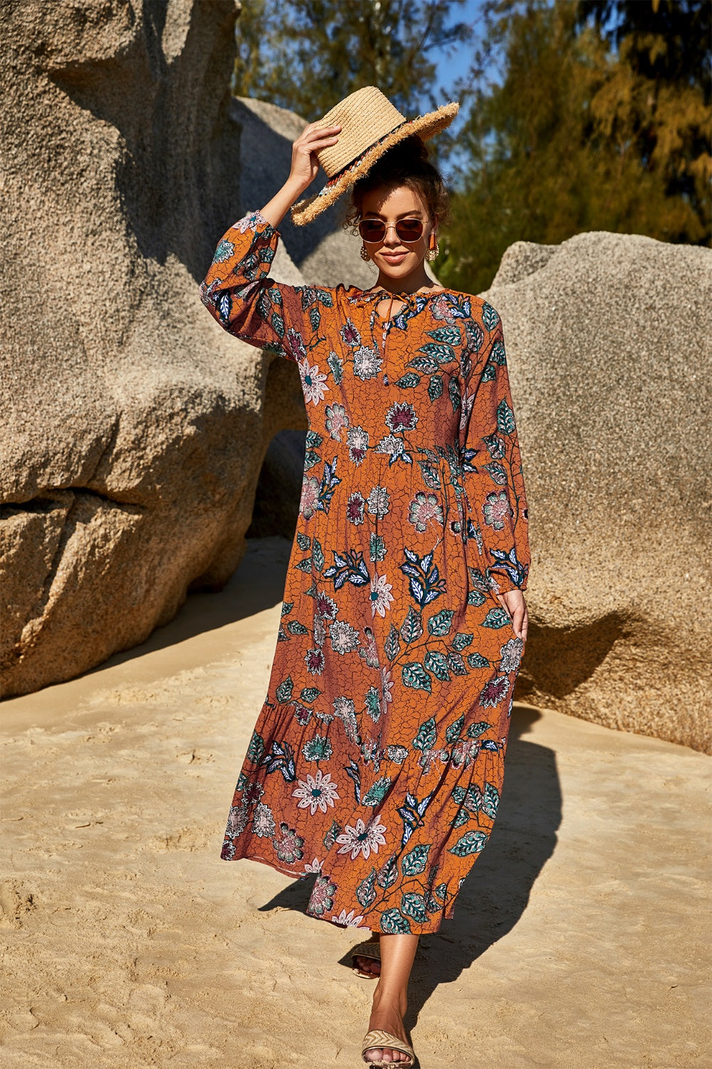 Printed Tie Neck Long Sleeve Dress - AllIn Computer
