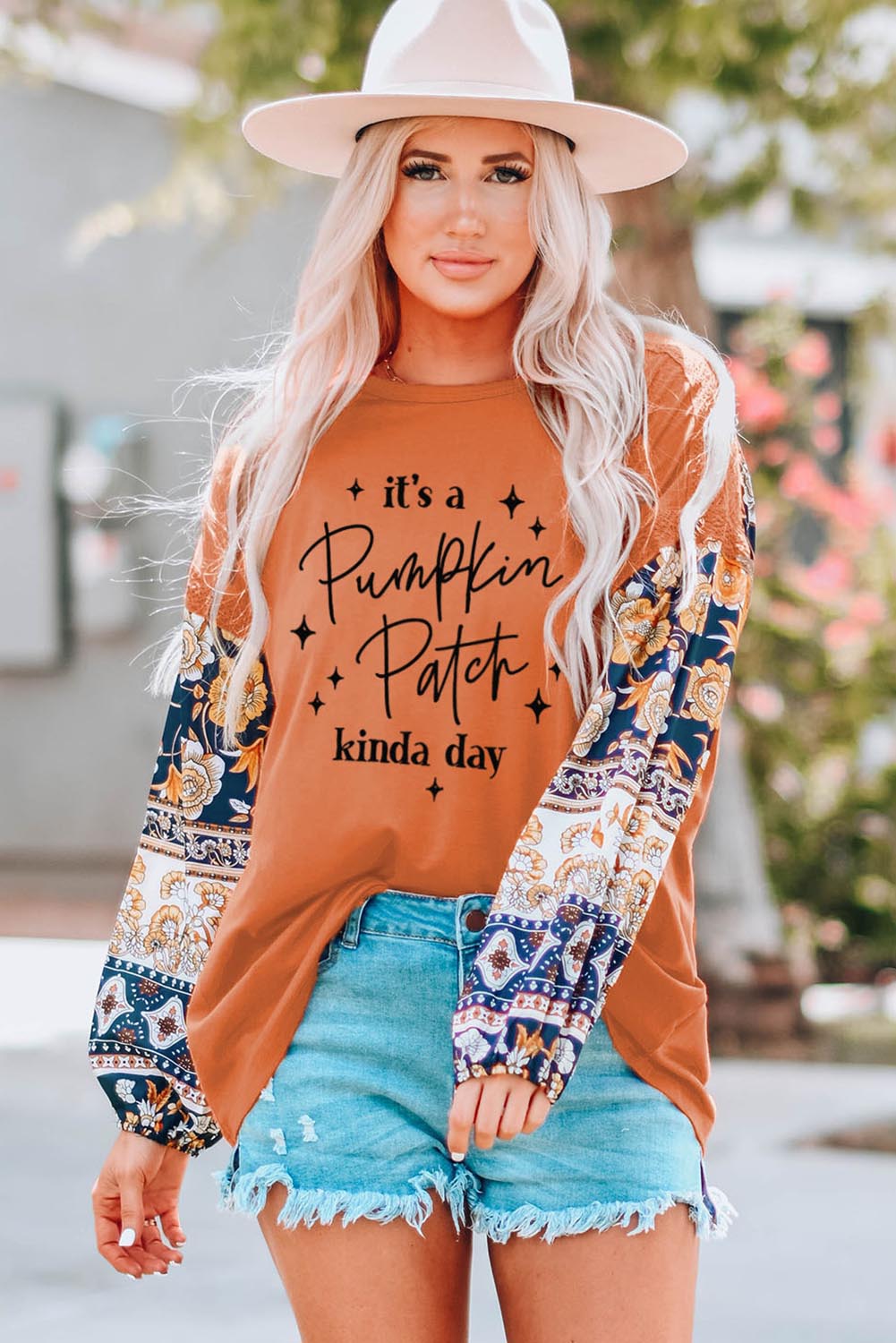 Slogan Graphic Floral Long Sleeve Top - AllIn Computer