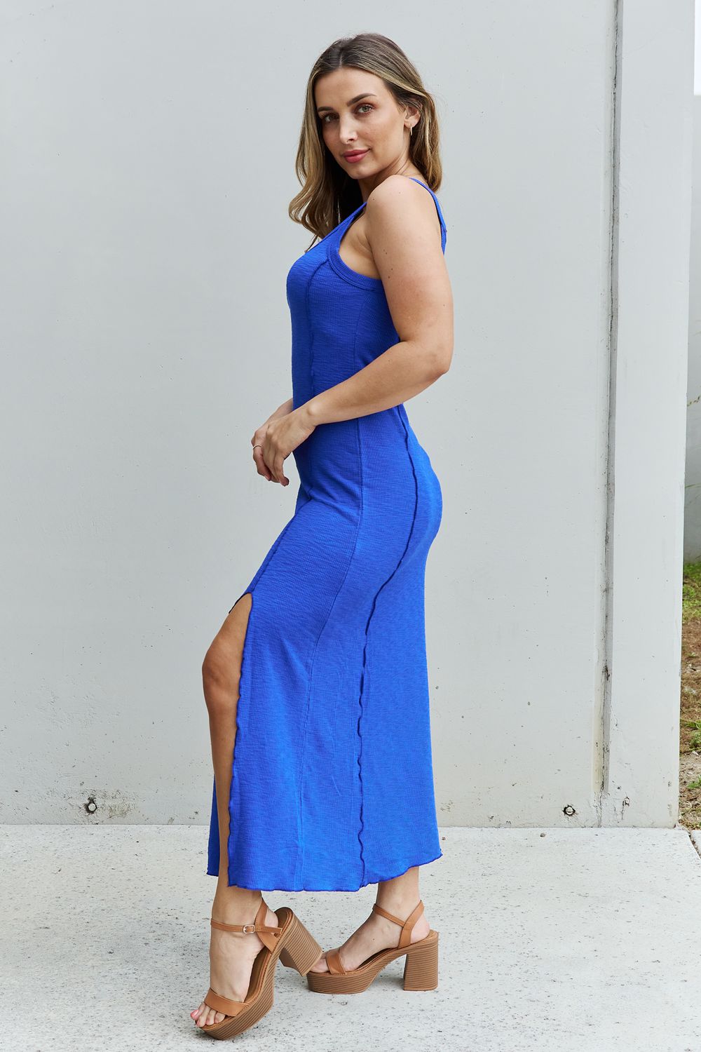 Culture Code Look At Me Full Size Notch Neck Maxi Dress with Slit in Cobalt Blue - AllIn Computer