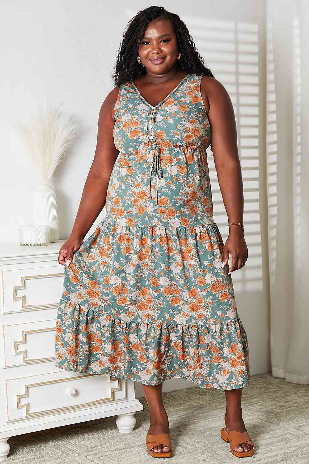 Double Take Floral V-Neck Tiered Sleeveless Dress - AllIn Computer