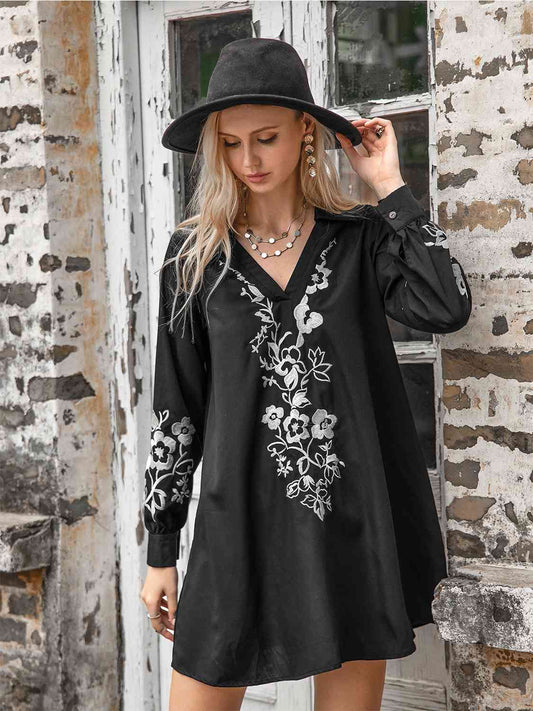 Floral Collared Neck Long Sleeve Dress - AllIn Computer