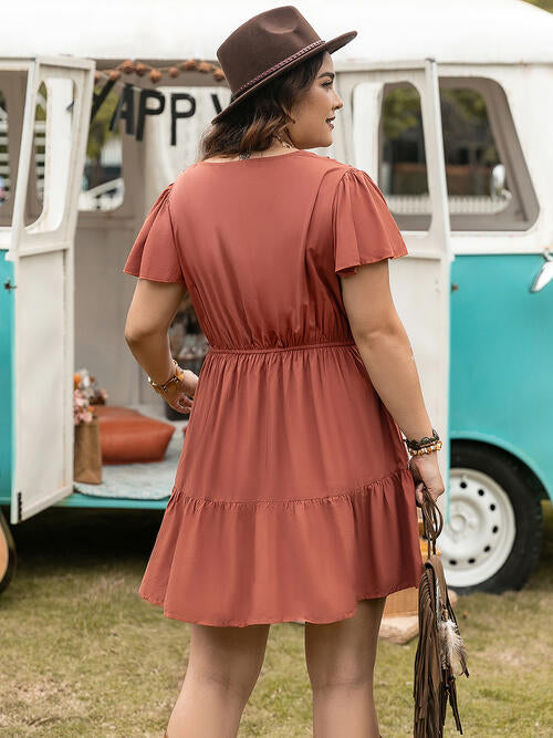 Double Take Plus Size Ruffle Hem V-Neck Short Sleeve Dress - AllIn Computer