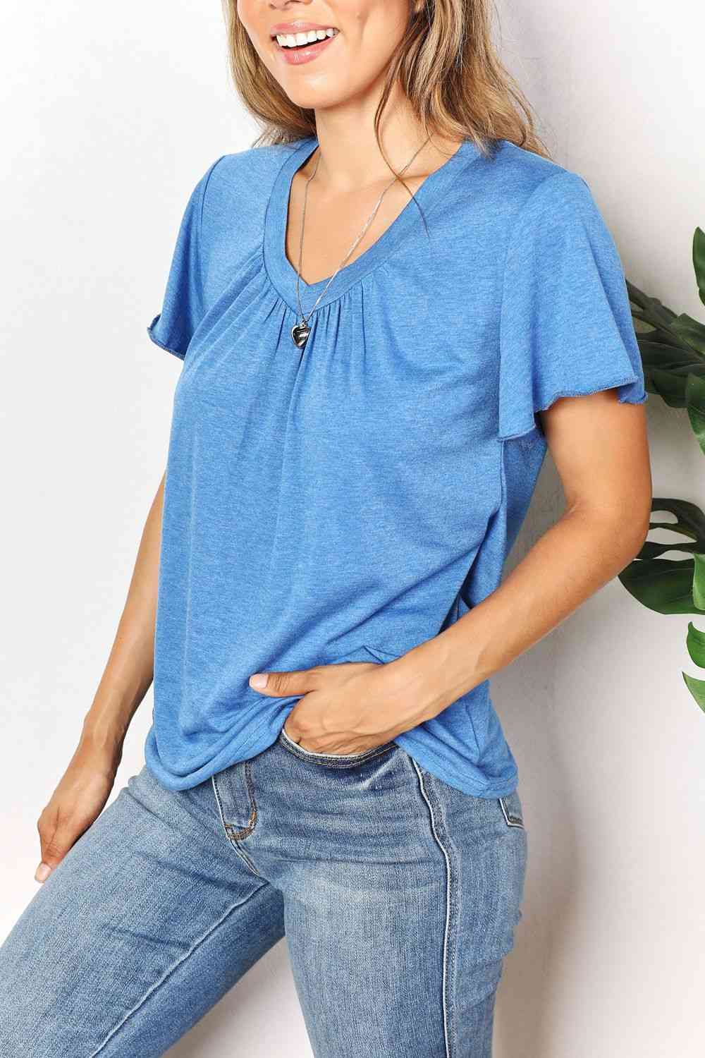 Double Take Ruched V-Neck Short Sleeve T-Shirt - AllIn Computer
