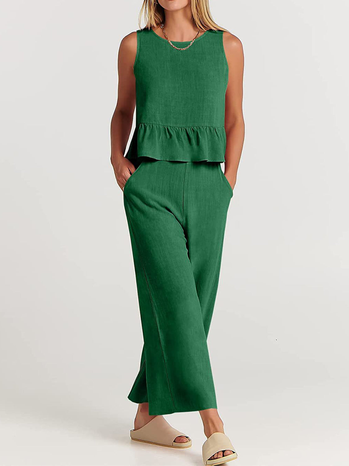 Full Size Round Neck Top and Wide Leg Pants Set - AllIn Computer
