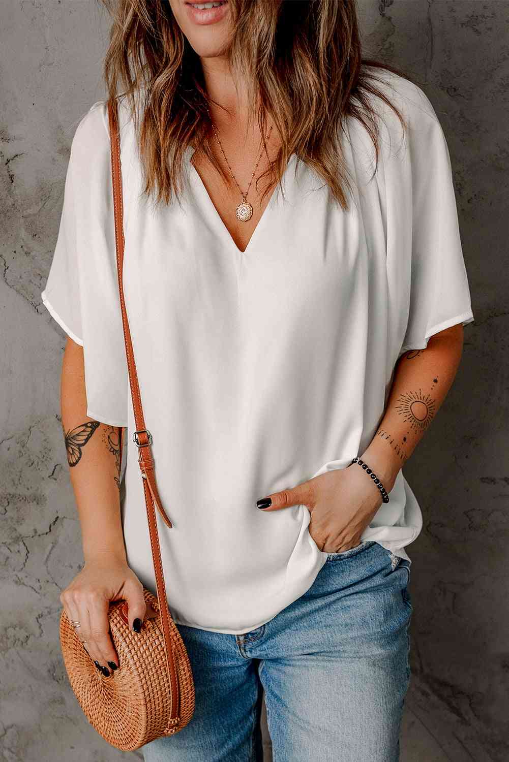 Gathered Detail Notched Neck Flutter Sleeve Top - AllIn Computer