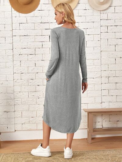 Pocketed Round Neck Long Sleeve Tee Dress - AllIn Computer