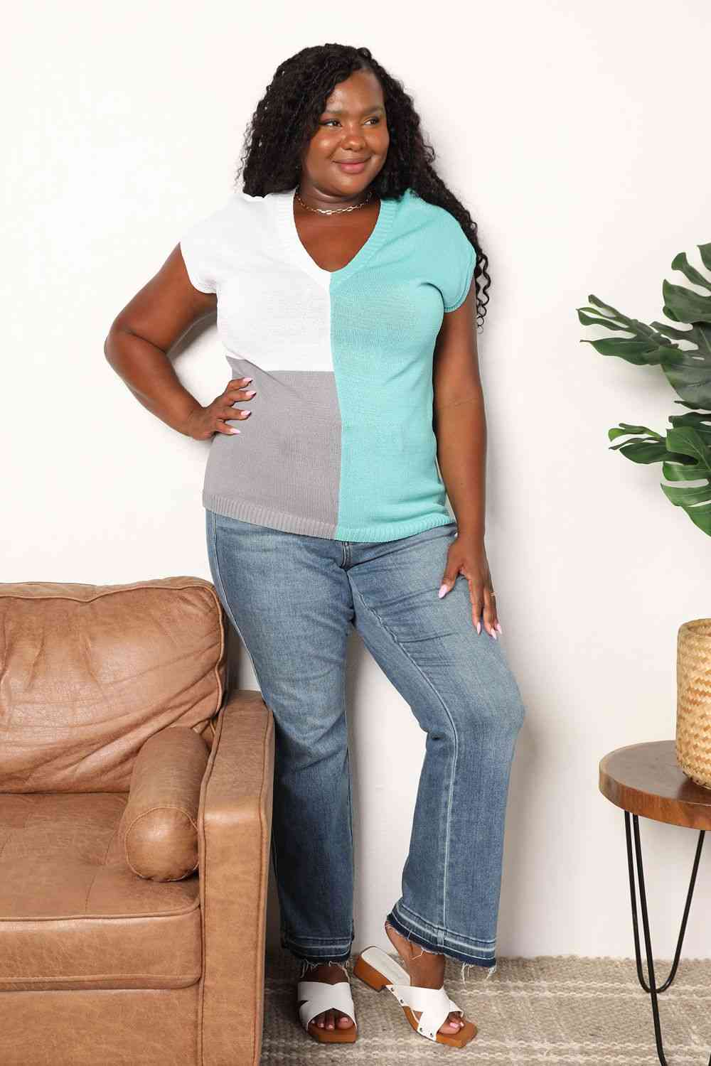 Double Take Color Block V-Neck Knit Top - AllIn Computer