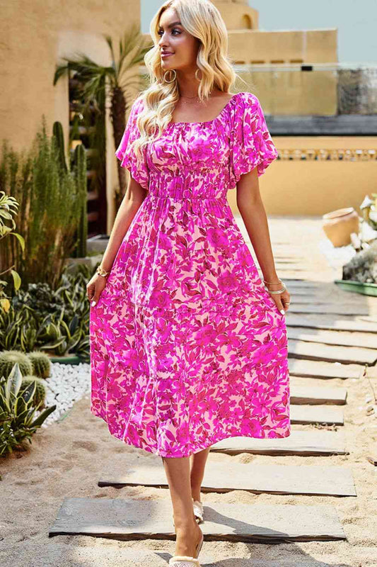 Floral Square Neck Tiered Midi Dress - AllIn Computer