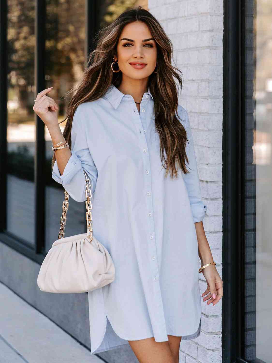 Button Up Collared Neck Long Sleeve Shirt Dress - AllIn Computer