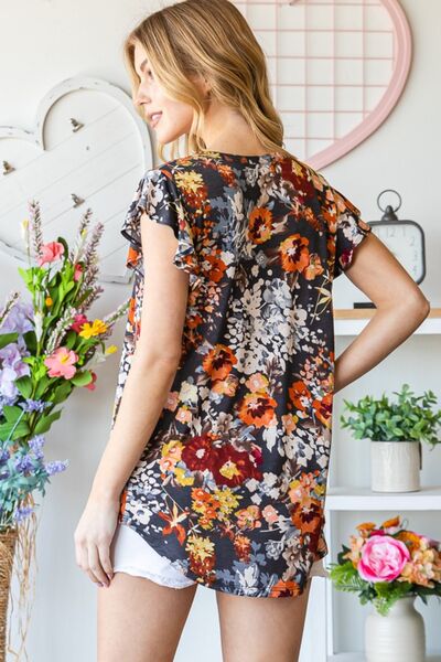 Heimish Full Size Ruffled Floral Round Neck Cap Sleeve Blouse - AllIn Computer