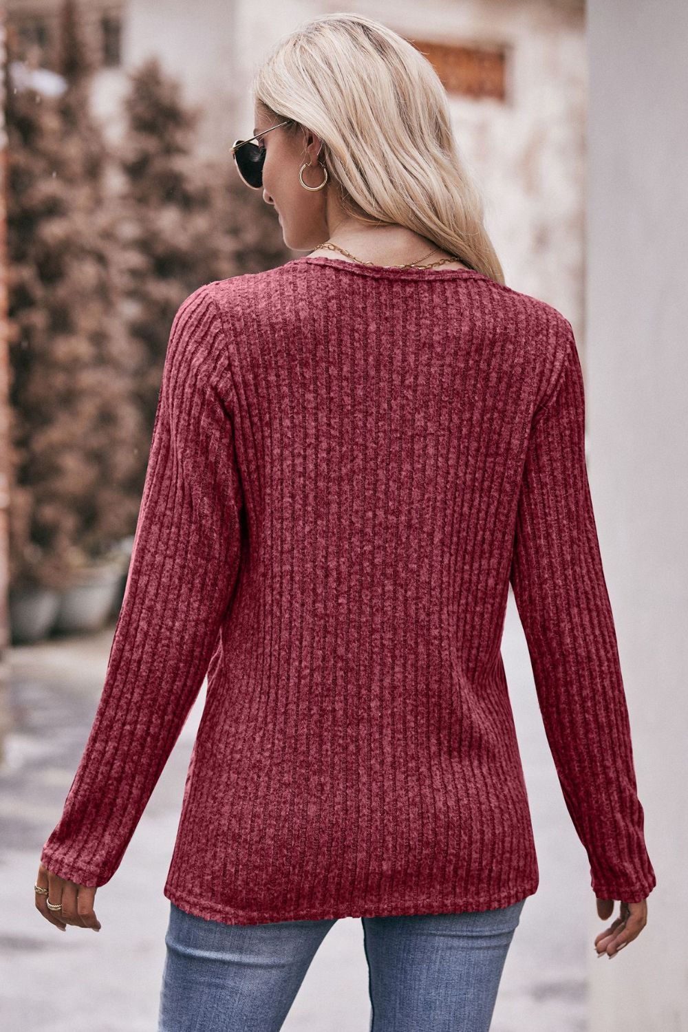 Double Take Ribbed Round Neck Buttoned Tee - AllIn Computer