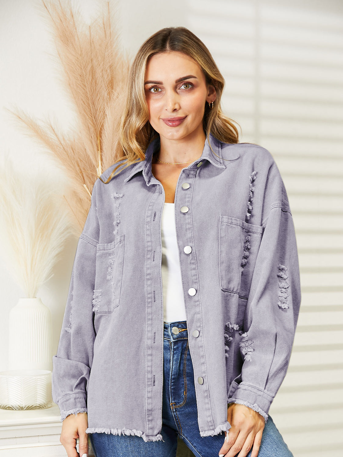 Distressed Raw Hem Denim Jacket - AllIn Computer
