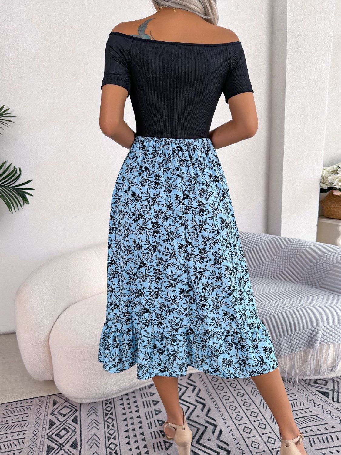 Printed Off-Shoulder Ruffle Hem Dress - AllIn Computer
