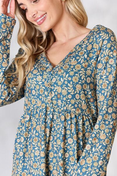 Heimish Full Size Floral Half Button Long Sleeve Blouse - AllIn Computer