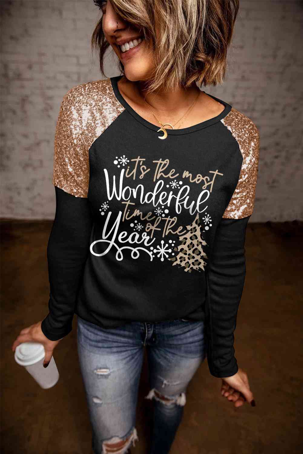 Sequin Slogan Graphic T-Shirt - AllIn Computer