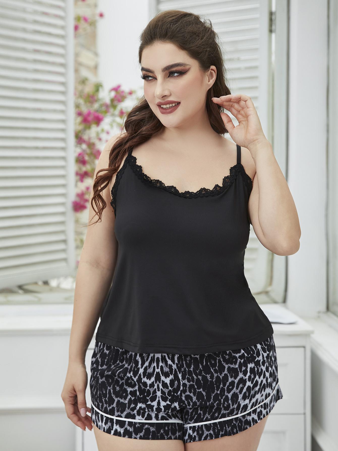 Plus Size Lace Trim Scoop Neck Cami and Printed Shorts Pajama Set - AllIn Computer