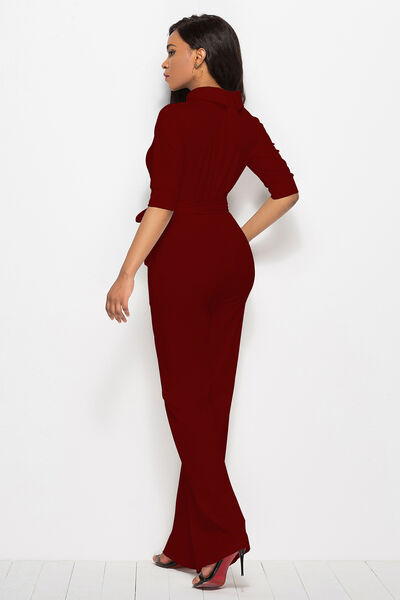 Mock Neck Tie-Waist Half Sleeve Jumpsuit - AllIn Computer