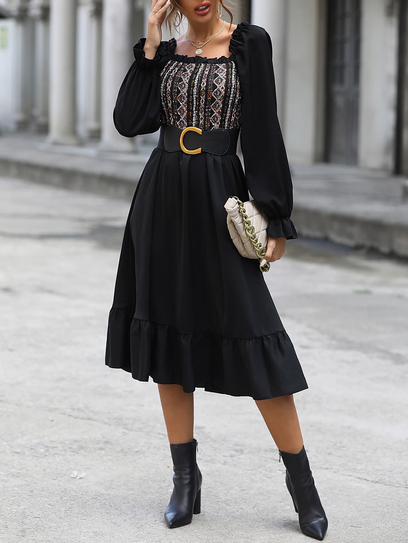 Off-Shoulder Printed Flounce Sleeve Midi Dress - AllIn Computer