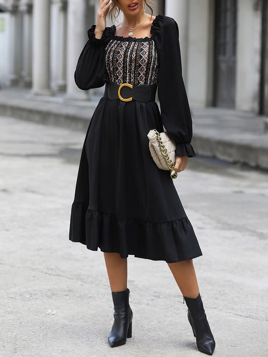 Off-Shoulder Printed Flounce Sleeve Midi Dress - AllIn Computer