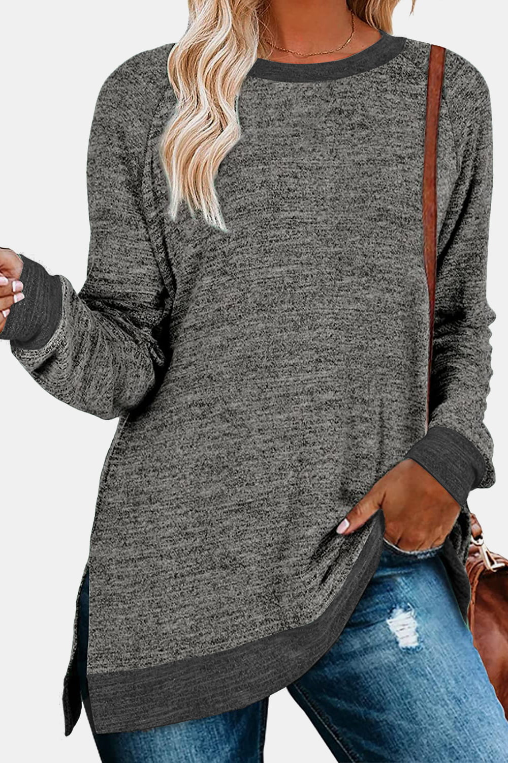 Round Neck Long Sleeve Slit T-Shirt - AllIn Computer