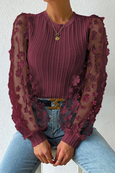 Double Take Textured Applique Long Sleeve Blouse - AllIn Computer
