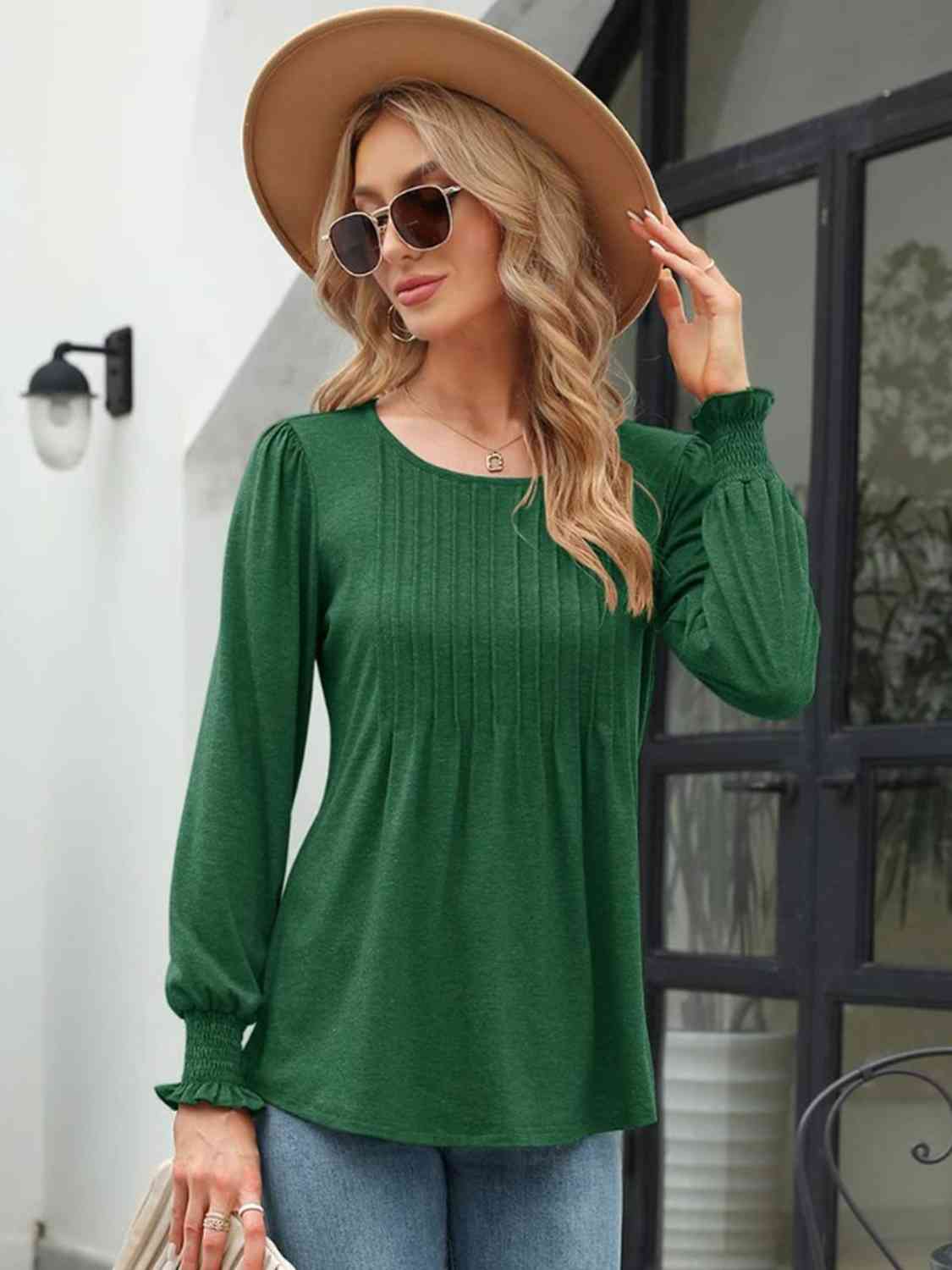 Smocked Round Neck Lantern Sleeve Blouse - AllIn Computer