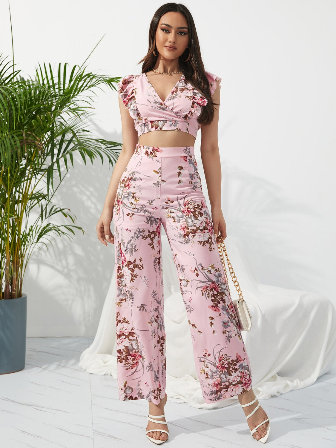 Printed Surplice Cap Sleeve Top and Pants Set - AllIn Computer