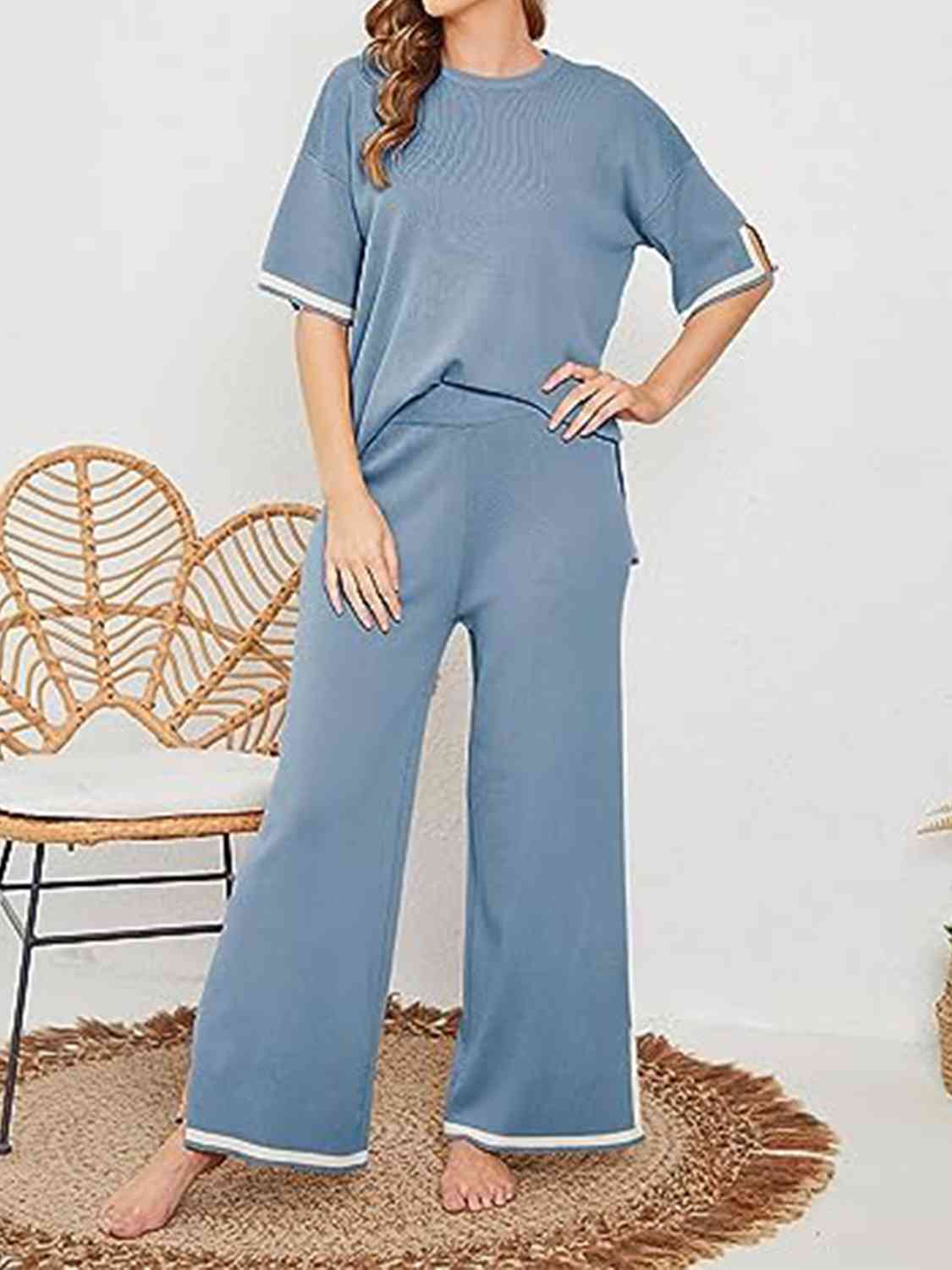 Contrast High-Low Sweater and Knit Pants Set - AllIn Computer