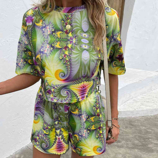 Printed Round Neck Dropped Shoulder Half Sleeve Top and Shorts Set - AllIn Computer