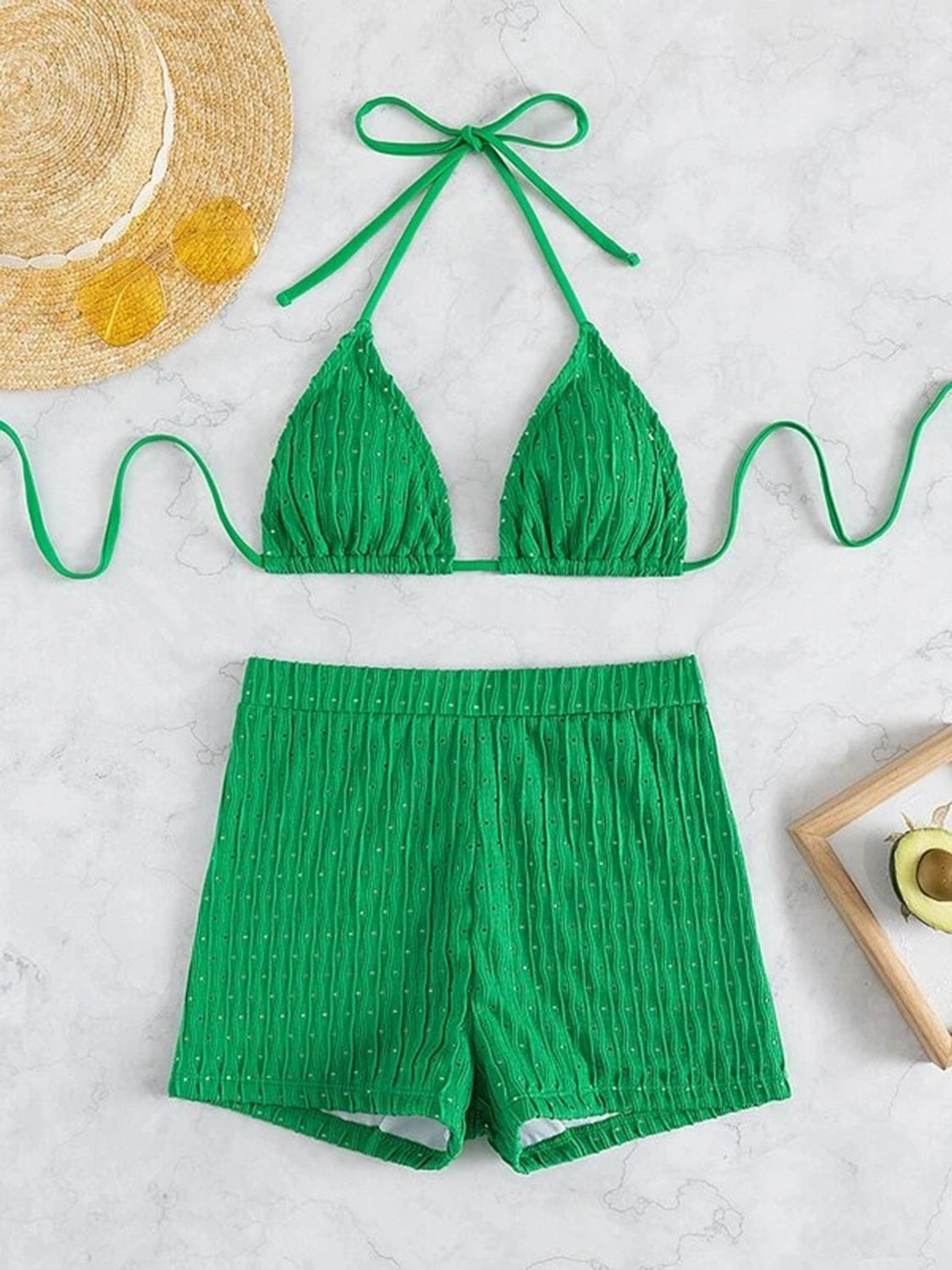 Eyelet Halter Neck Bra and Bottom Swim Set - AllIn Computer