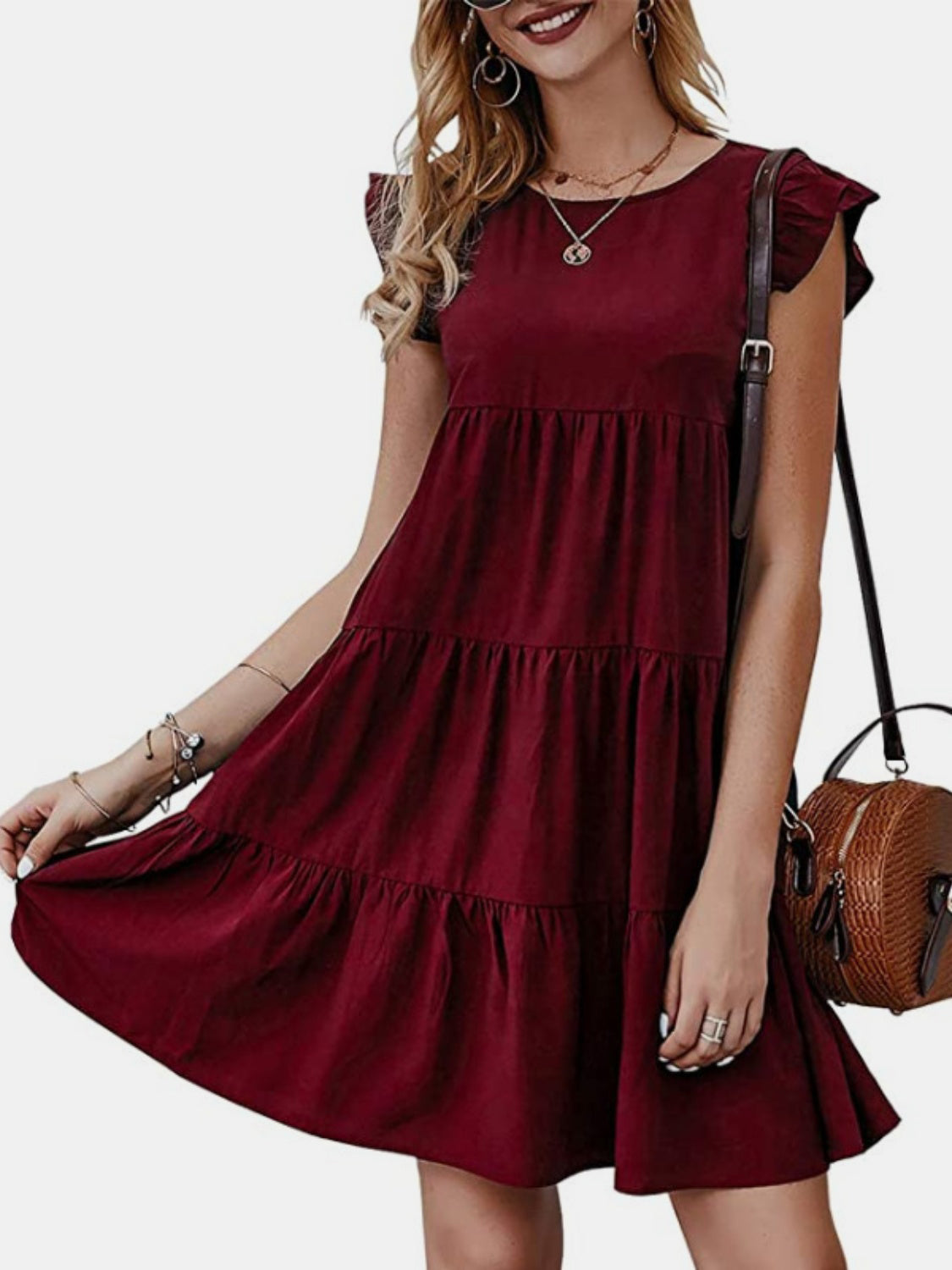 Ruffled Round Neck Cap Sleeve Mini Dress - AllIn Computer