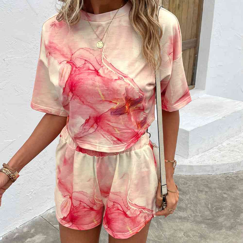 Printed Round Neck Dropped Shoulder Half Sleeve Top and Shorts Set - AllIn Computer