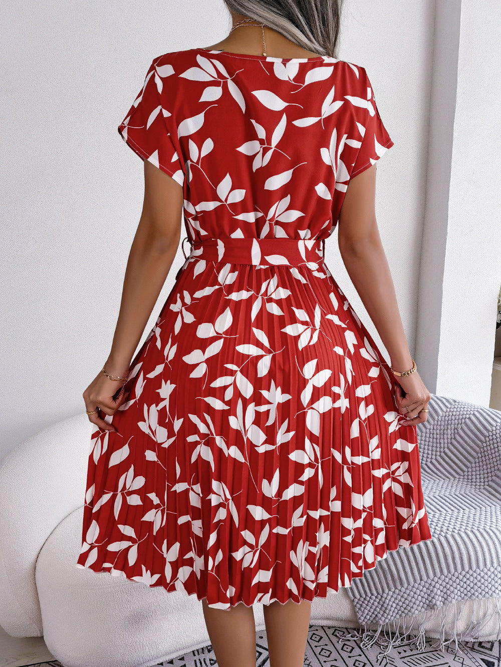 Printed Round Neck Short Sleeve Pleated Dress - AllIn Computer