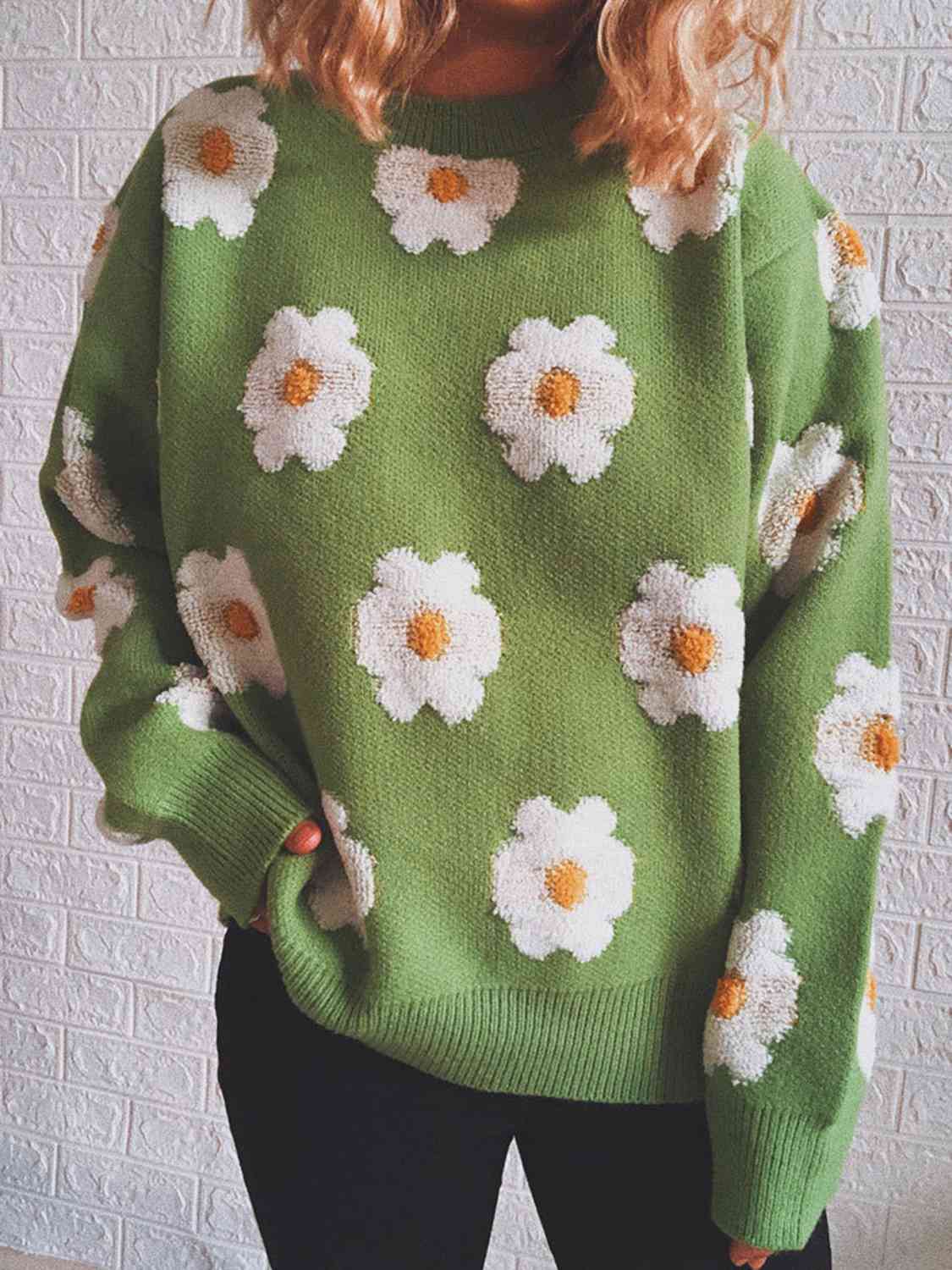 Flower Round Neck Long Sleeve Sweater - AllIn Computer