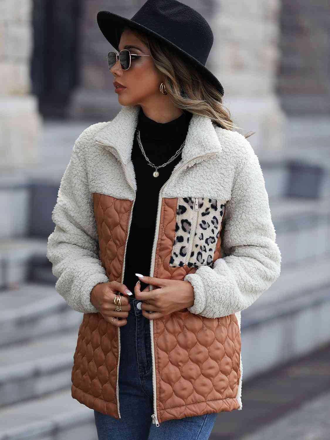 Leopard Color Block Zip-Up Jacket - AllIn Computer