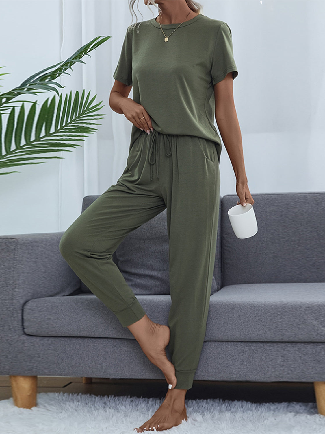 Round Neck Short Sleeve Top and Pants Set - AllIn Computer