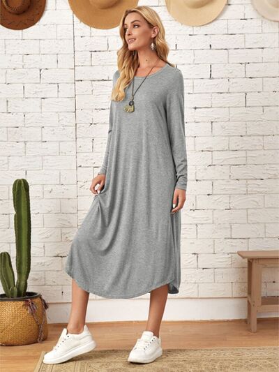 Pocketed Round Neck Long Sleeve Tee Dress - AllIn Computer