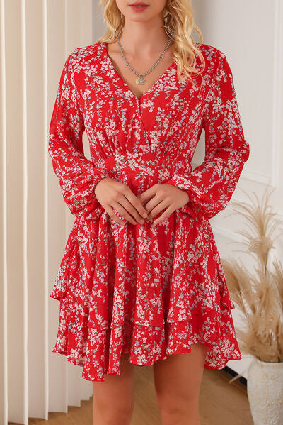 Printed Surplice Balloon Sleeve Layered Dress - AllIn Computer