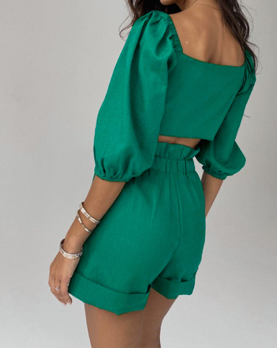 Cutout Puff Sleeve Top and Shorts Set - AllIn Computer