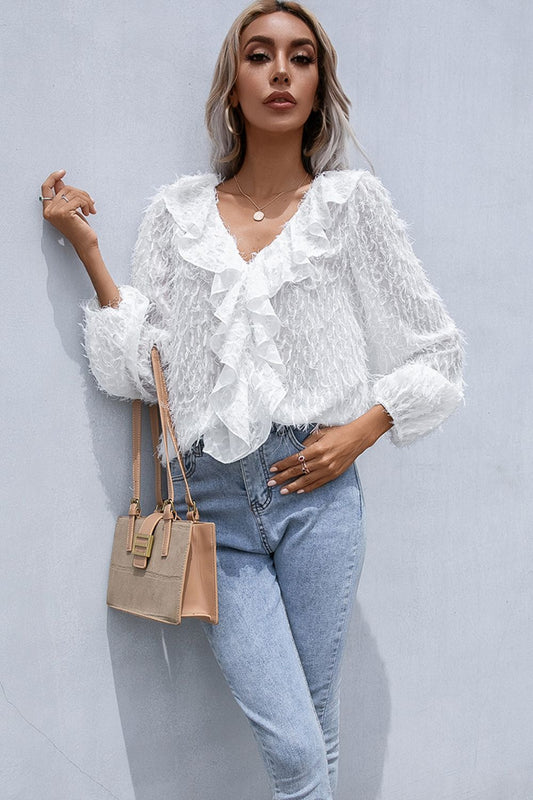 Double Take Ruffle Hem Fringe V-Neck Balloon Sleeve Blouse - AllIn Computer