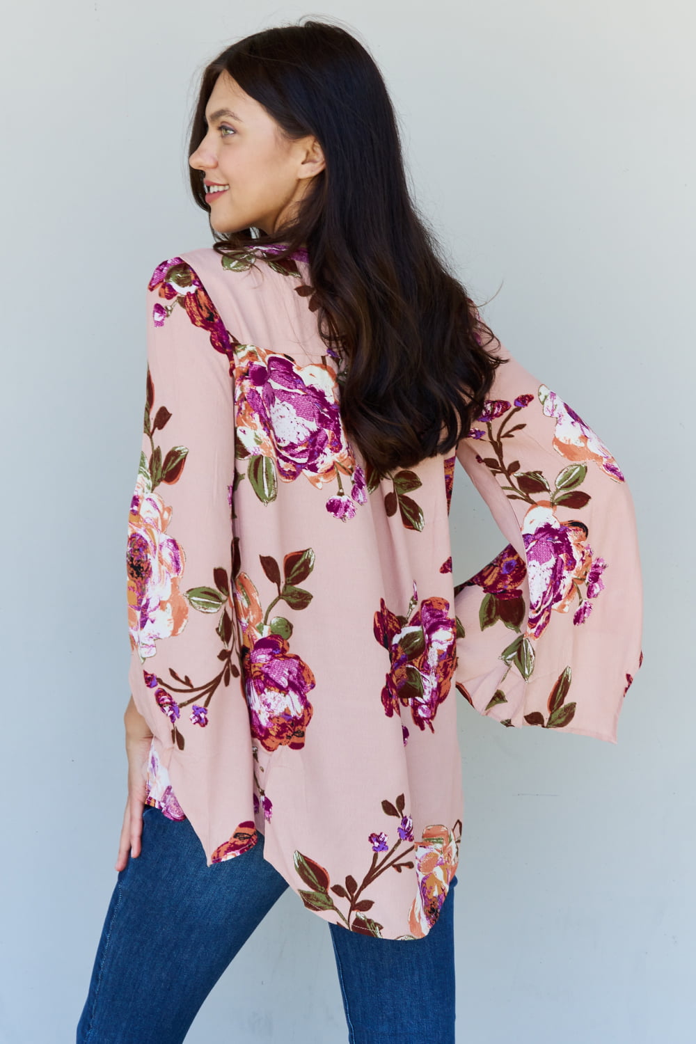 ODDI Full Size Floral Bell Sleeve Crepe Top - AllIn Computer