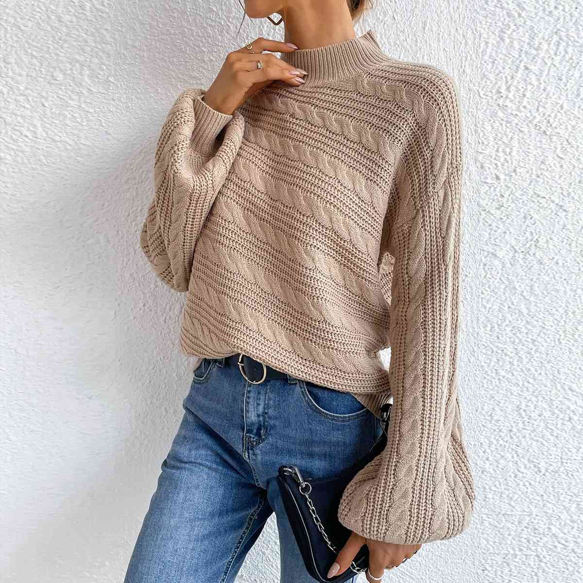 Cable-Knit Mock Neck  Long Sleeve Sweater - AllIn Computer