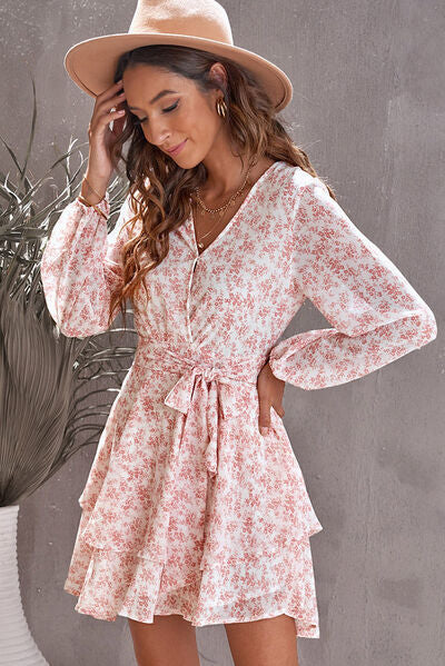 Floral Surplice Balloon Sleeve Layered Dress - AllIn Computer