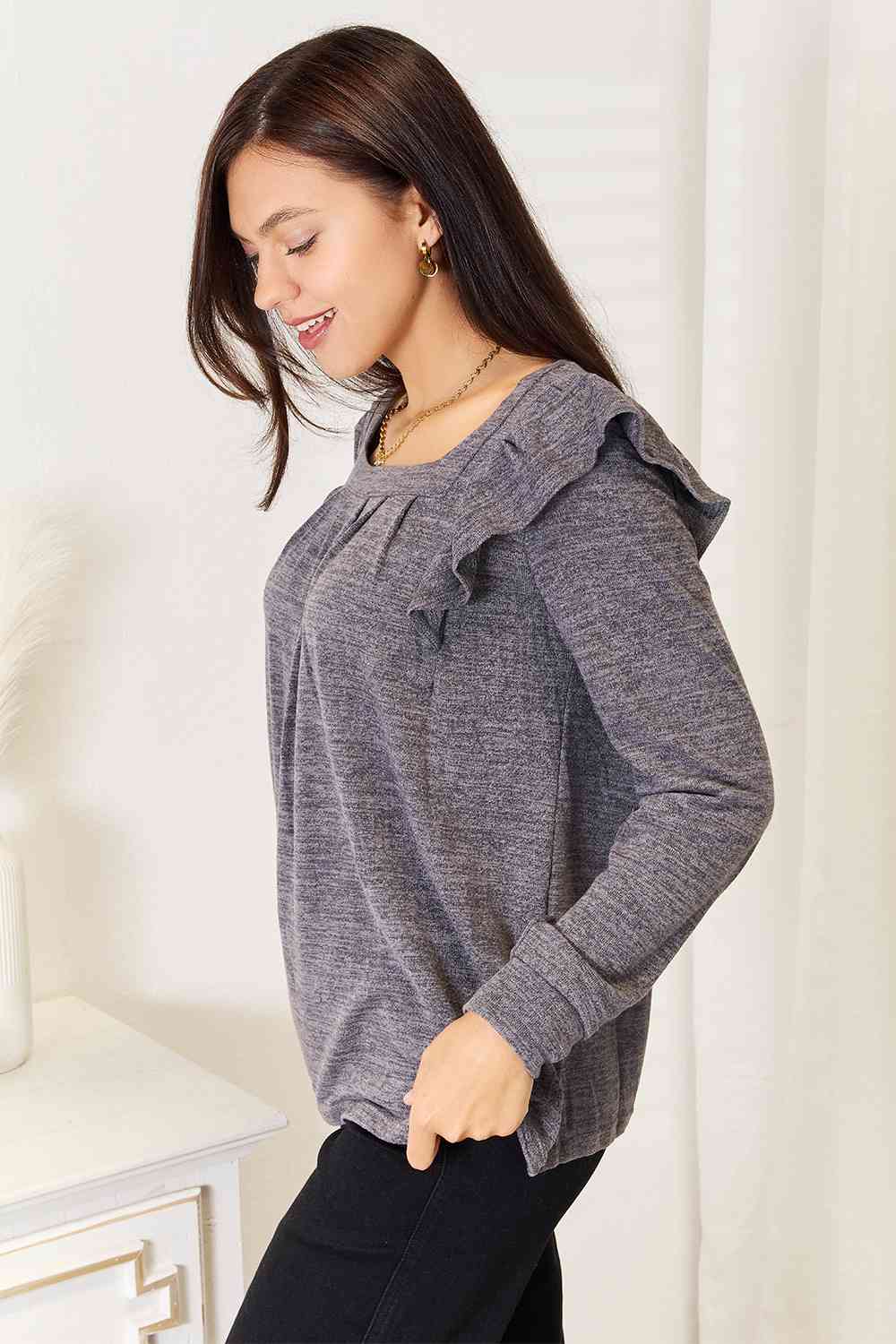 Double Take Square Neck Ruffle Shoulder Long Sleeve T-Shirt - AllIn Computer